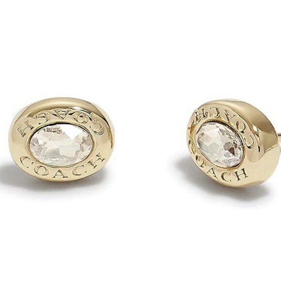 Coach Earrings Women's Oval Rhinestone Swarovski Crystal Stud Gold Tone New Gift - Picture 2 of 9